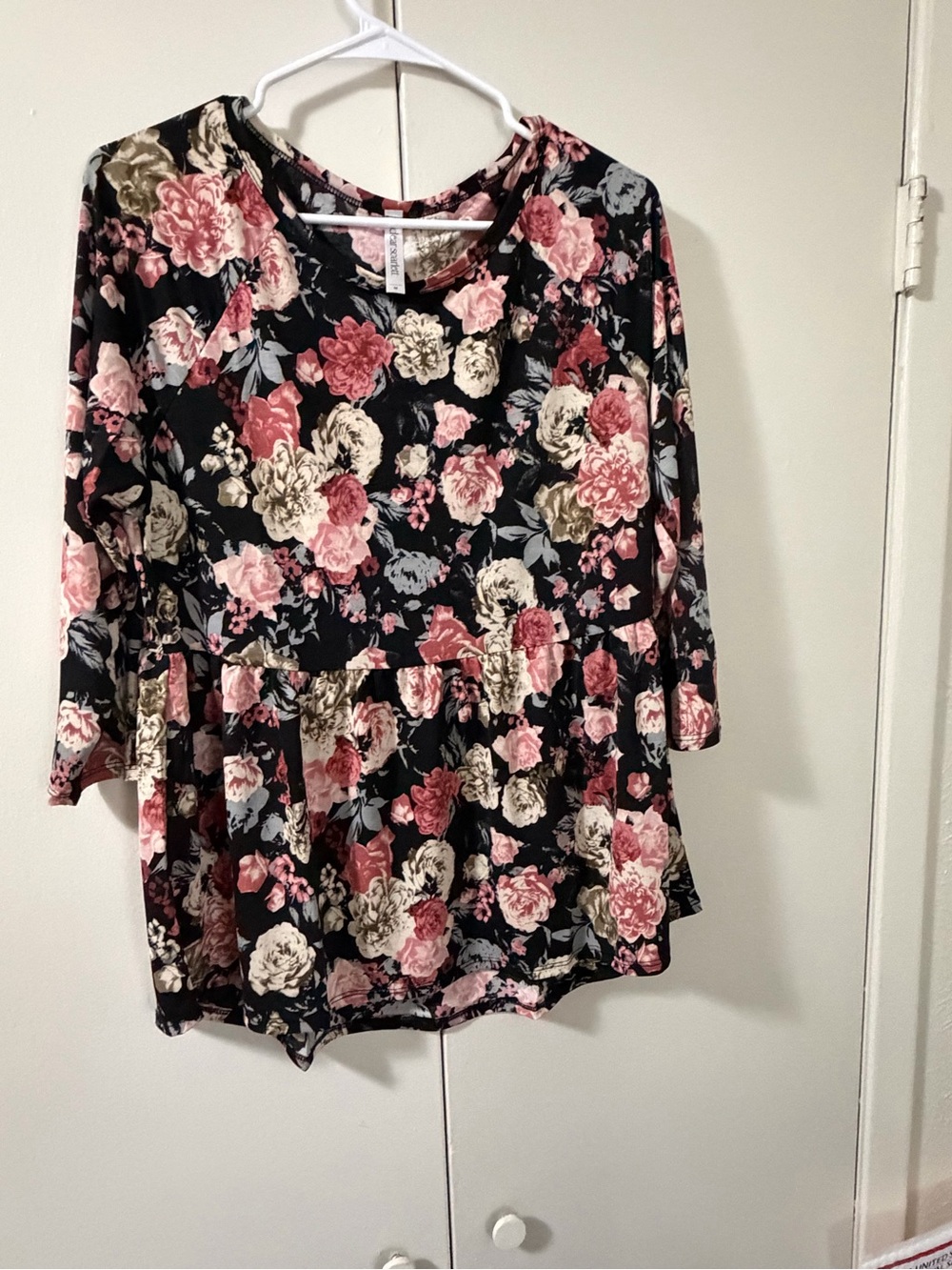 Floral Peplum Long-Sleeve Top - Black with Pink & Cream Flowers
